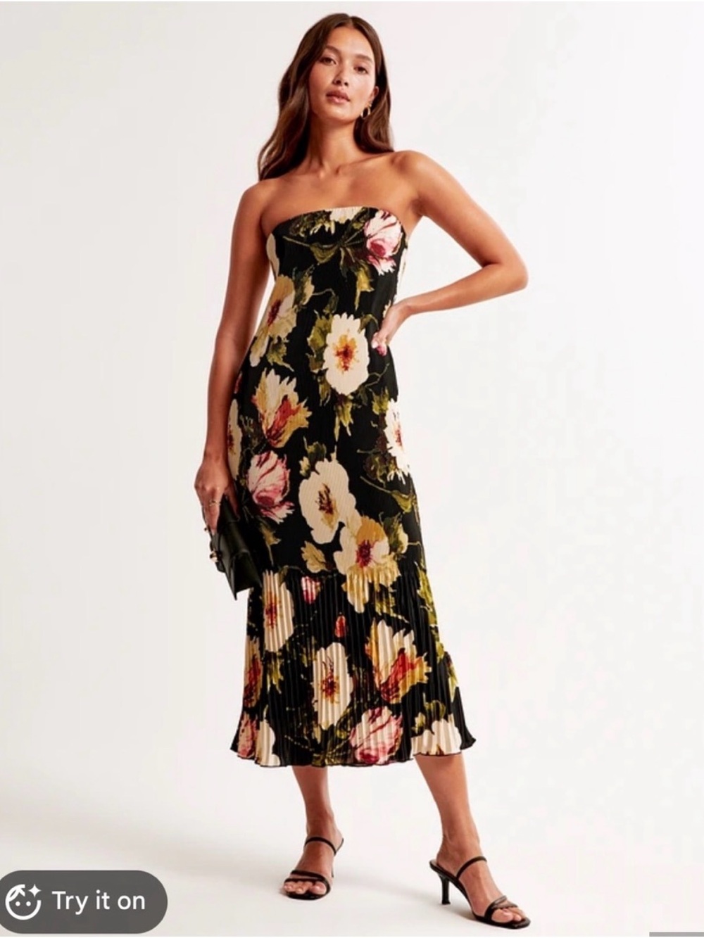 Abercrombie & Fitch Black Strapless Floral Midi Dress